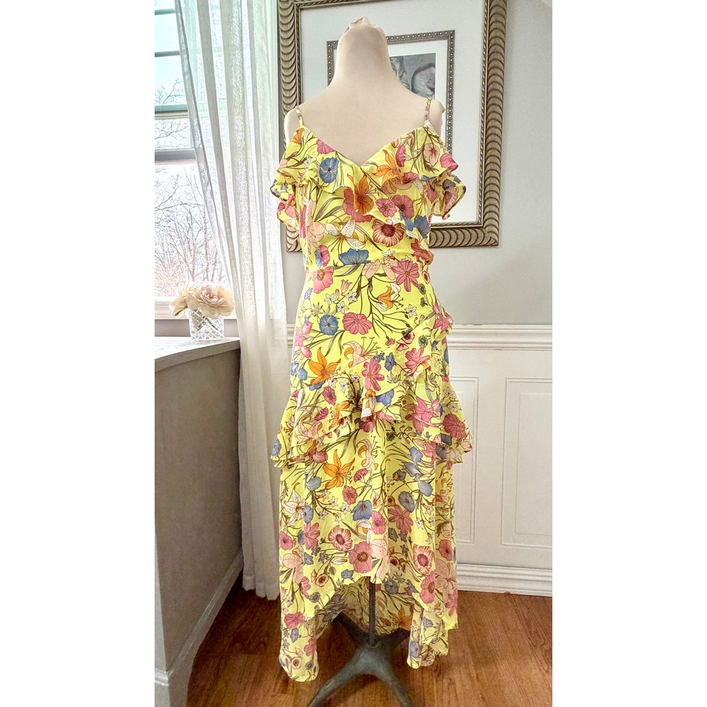 Forever 21 Wedding Guest High Low Ruffle Chiffon Yellow Floral Cottagecore S